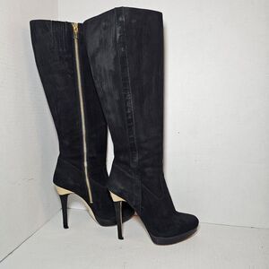 MICHAEL Michael Kors Tall Platform Boots York High-Heel Size 7 Black Gold Suede